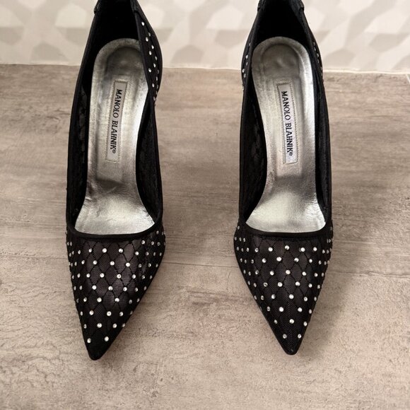 Manolo Blahnik Black Crystal Embellished Mesh and Satin Pointed Toe Pumps - Picture 3 of 13